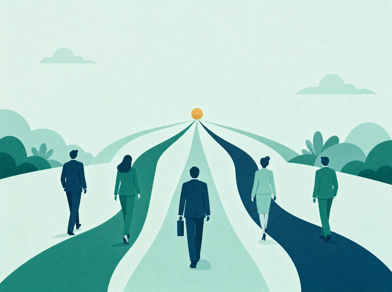 Illustration de collaborateurs empruntant des chemins distincts qui convergent vers un même point doré à l'horizon