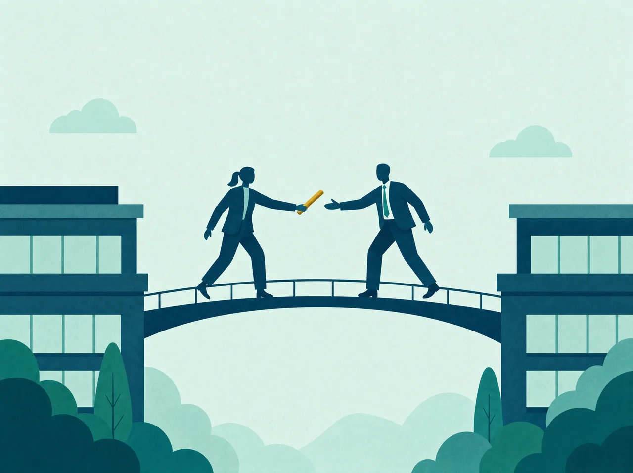 Illustration de deux collaborateurs qui se passent un témoin doré sur une passerelle reliant deux bâtiments