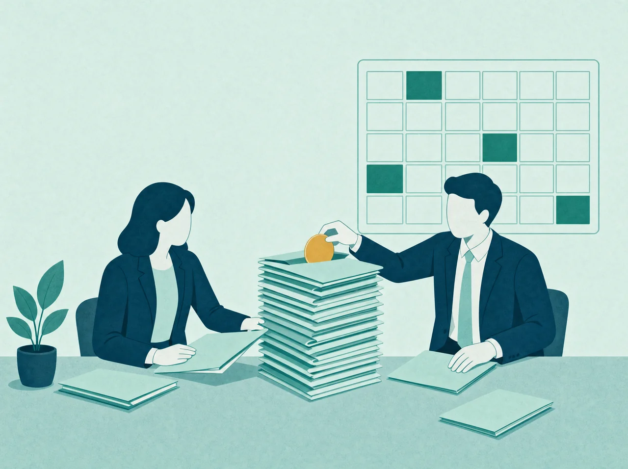 Illustration of two employees beside a pile of training files in front of a large wall planner, with a gold coin slipped into the top file