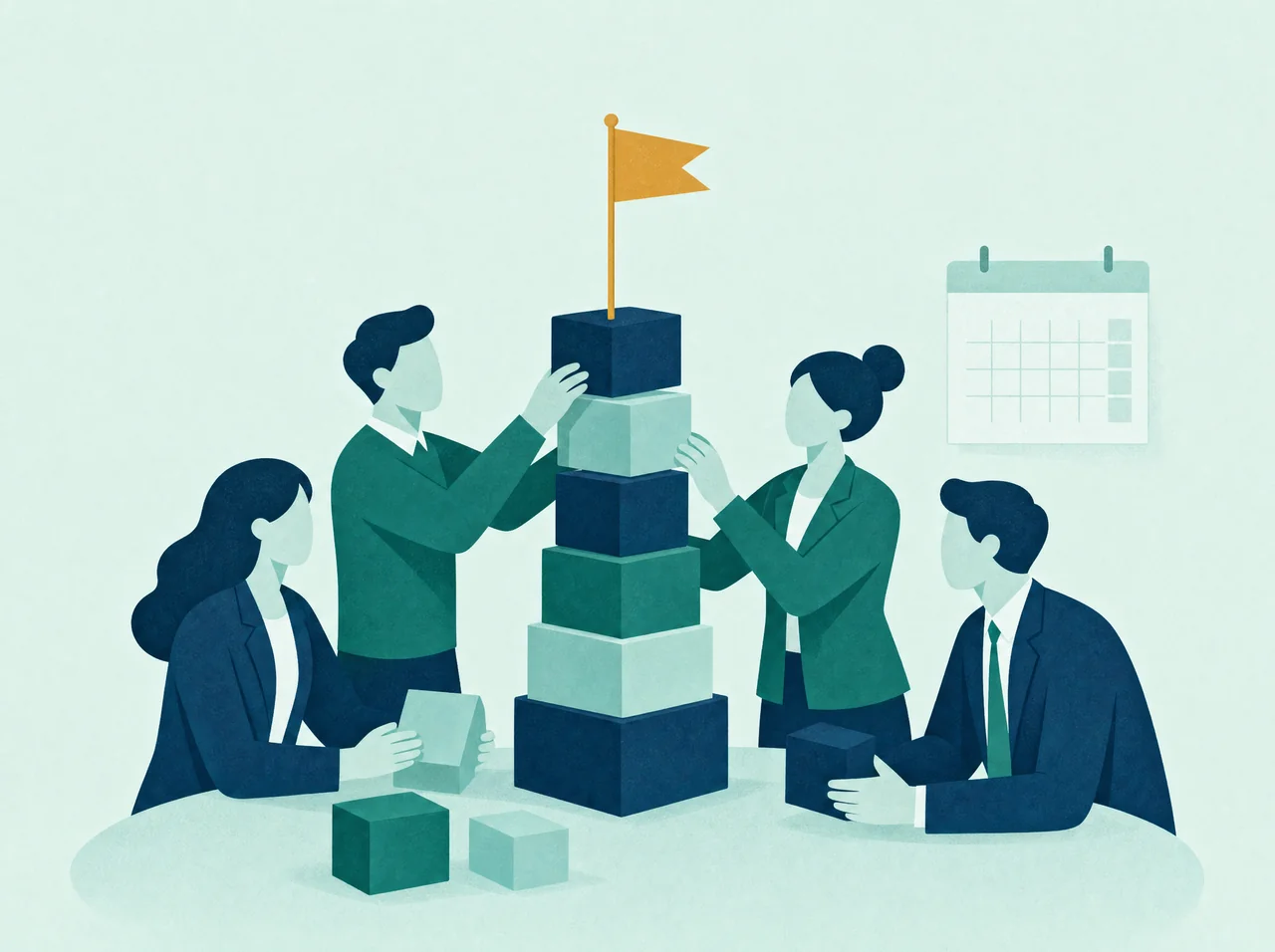 Illustration d'une équipe qui assemble une tour de blocs surmontée d'un drapeau doré, symbole d'un objectif commun